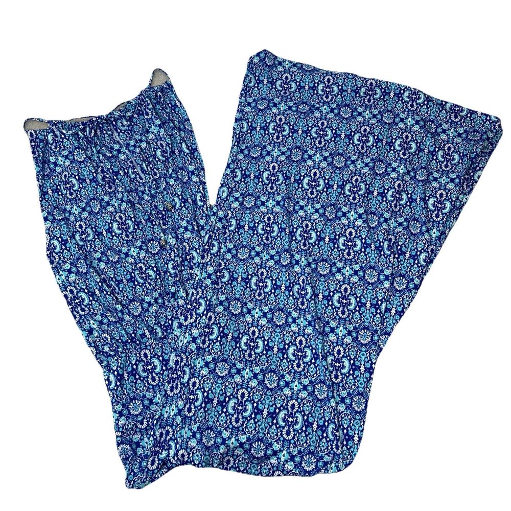 Julian Chang Blue Floral Jumpsuit Wide Leg Halter L Boho Casual Beach Vacation